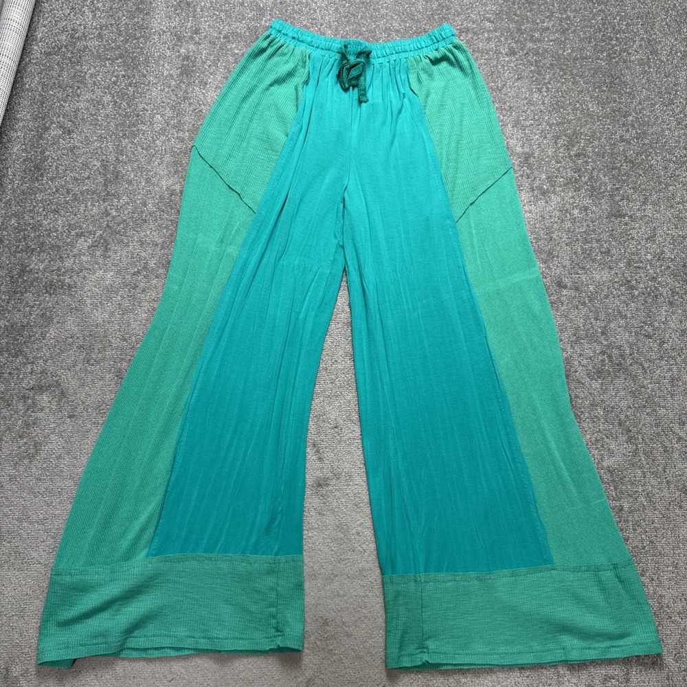 POL medium Boho Pants Green Colorblock Knit Wide Leg Flowy Hippie Soft - Picture 2 of 9